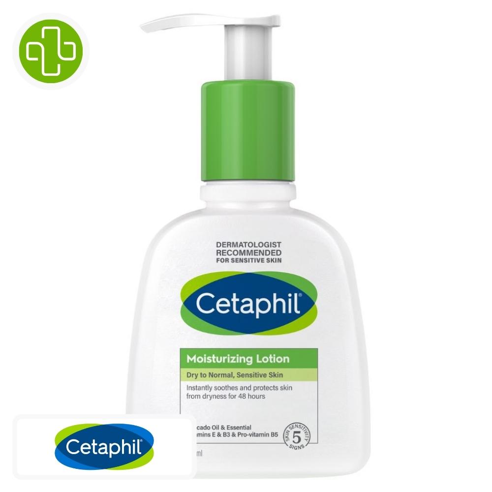 Produit de la marque cetaphil lotion hydratante peaux sèches normales & sensibles – 236ml sur un fond blanc avec un logo parachezvous et celui de de la marque cetaphil