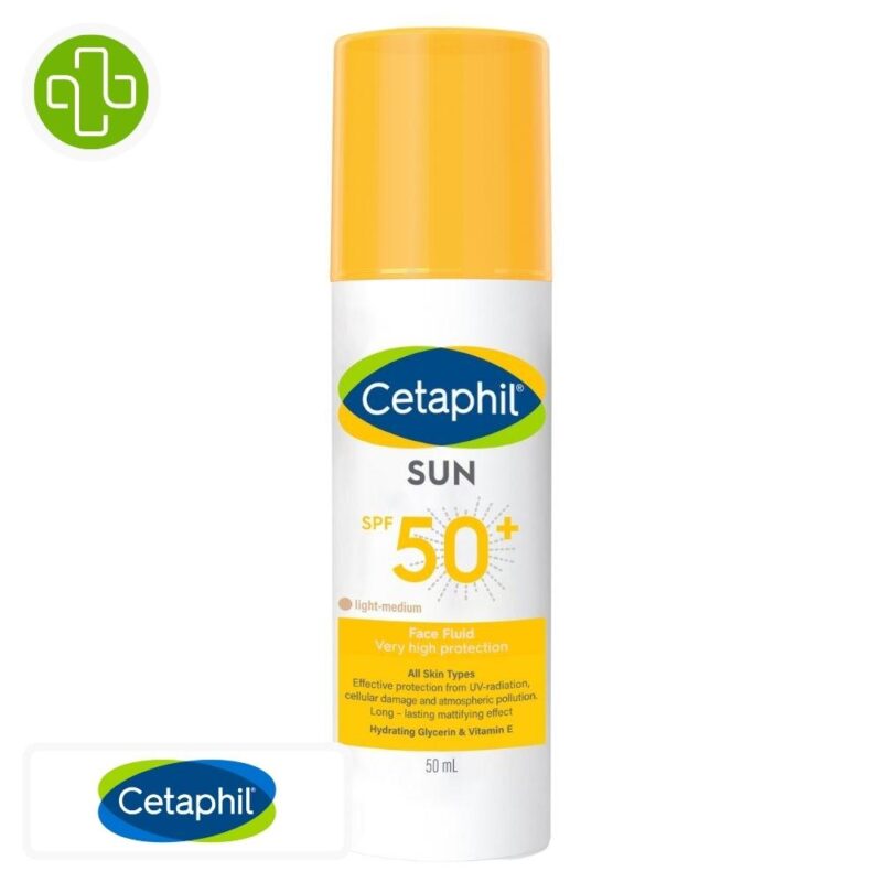 Produit de la marque Cetaphil Sun Face Fluide Solaire Teinté Spf50 - 50ml sur un fond blanc avec un logo Parachezvous et celui de de la marque Cetaphil