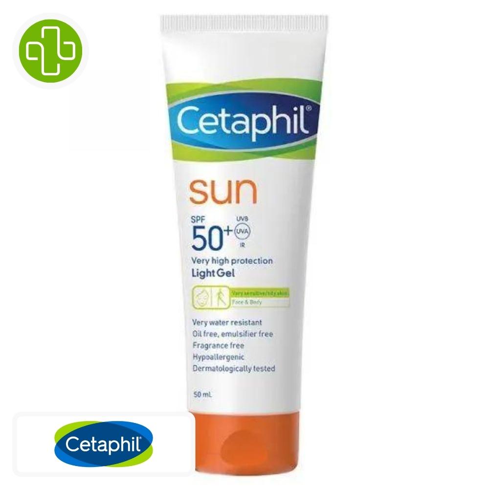 Produit de la marque cetaphil sun gel solaire léger spf50 - 50ml sur un fond blanc avec un logo parachezvous et celui de de la marque cetaphil