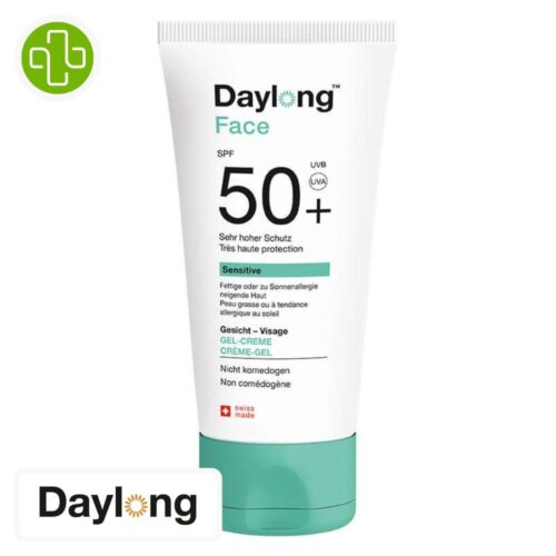 Produit de la marque daylong sensitive gel-crème solaire spf50 - 50ml sur un fond blanc avec un logo parachezvous et celui de de la marque daylong