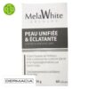 Produit de la marque Dermacia MelaWhite Peau Unifiée & Éclatante - 60 Gélules sur un fond blanc avec un logo Parachezvous et celui de de la marque Dermacia