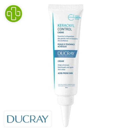 Produit de la marque Ducray Keracnyl Control Crème Points Noirs & Boutons - 30ml sur un fond blanc avec un logo Parachezvous et celui de la marque DUCRAY