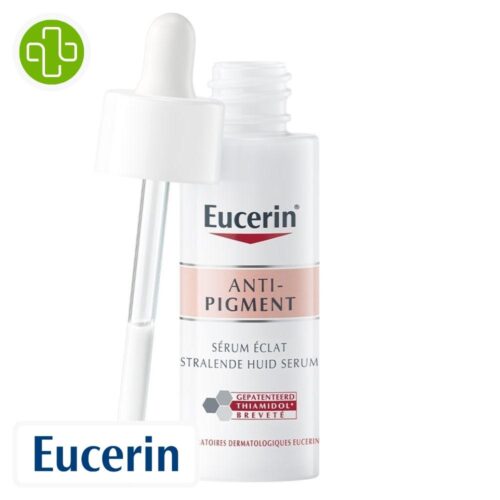 Produit de la marque Eucerin Anti-Pigment Sérum Éclat Perfecteur de Peau - 30ml sur un fond blanc avec un logo Parachezvous et celui de de la marque Eucerin