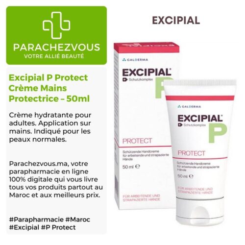 Produit de la marque Excipial P Protect Crème Mains Protectrice - 50ml sur un fond blanc, vert et gris avec un logo Parachezvous et celui de la marque Excipial ainsi qu'une description qui détail les informations du produit
