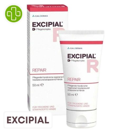 Produit de la marque Excipial R Repair Crème Mains Hydratante Réparatrice - 50ml sur un fond blanc avec un logo Parachezvous et celui de de la marque Excipial