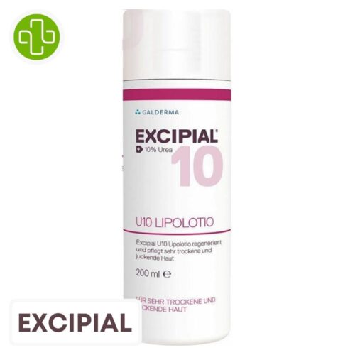 Produit de la marque Excipial U10 Lotion Hydratante Liposomale Corps - 200ml sur un fond blanc avec un logo Parachezvous et celui de de la marque Excipial