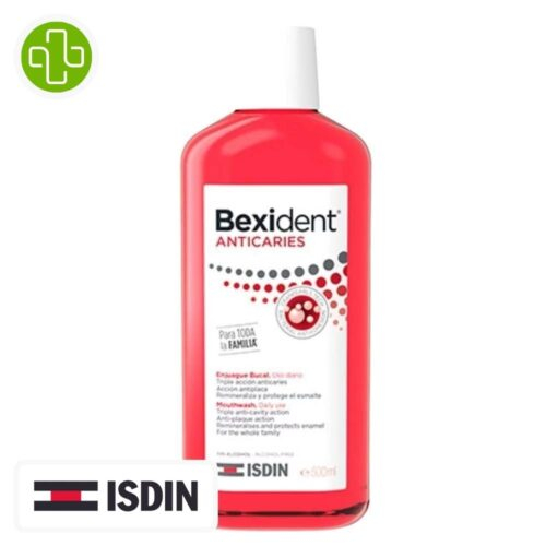 Produit de la marque Isdin Bexident Bain de Bouche Anti-Caries - 500ml sur un fond blanc avec un logo Parachezvous et celui de la marque ISDIN