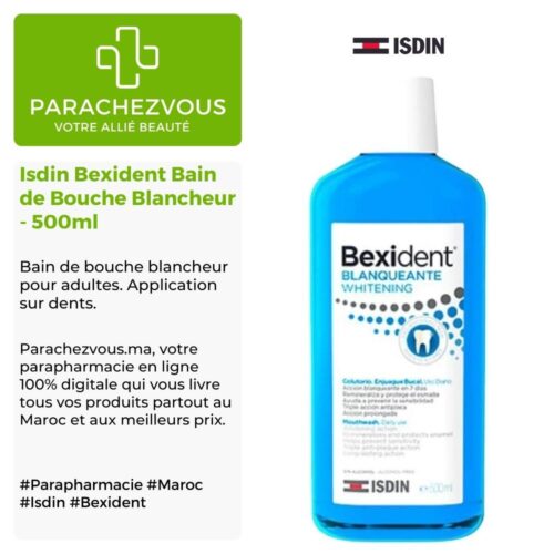 Produit de la marque Isdin Bexident Bain de Bouche Blancheur - 500ml sur un fond blanc, vert et gris avec un logo Parachezvous et celui de la marque ISDIN ainsi qu'une description qui détail les informations du produit