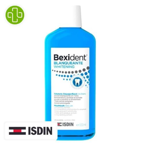 Produit de la marque Isdin Bexident Bain de Bouche Blancheur - 500ml sur un fond blanc avec un logo Parachezvous et celui de la marque ISDIN