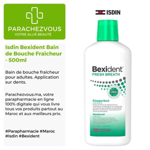 Produit de la marque Isdin Bexident Bain de Bouche Fraîcheur - 500ml sur un fond blanc, vert et gris avec un logo Parachezvous et celui de la marque ISDIN ainsi qu'une description qui détail les informations du produit
