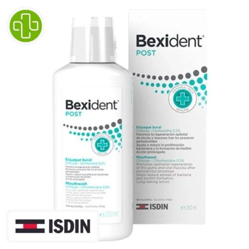 Produit de la marque Isdin Bexident Bain de Bouche Poste-Acte - 250ml sur un fond blanc avec un logo Parachezvous et celui de la marque ISDIN