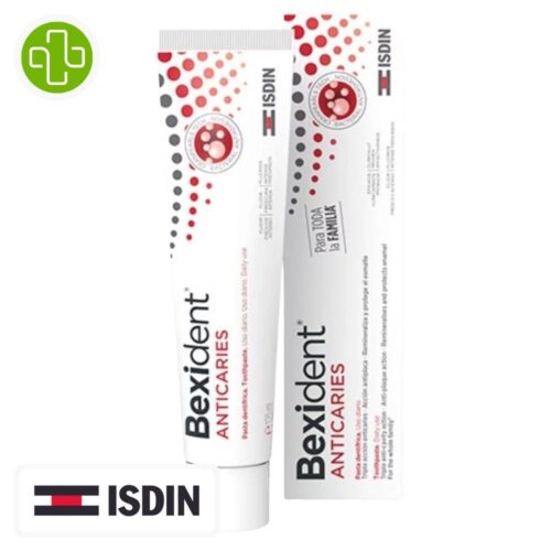 Produit de la marque Isdin Bexident Dentifrice Anti-Caries - 125ml sur un fond blanc avec un logo Parachezvous et celui de la marque ISDIN