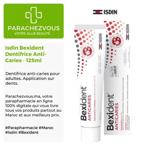 Produit de la marque Isdin Bexident Dentifrice Anti-Caries - 125ml sur un fond blanc, vert et gris avec un logo Parachezvous et celui de la marque ISDIN ainsi qu'une description qui détail les informations du produit