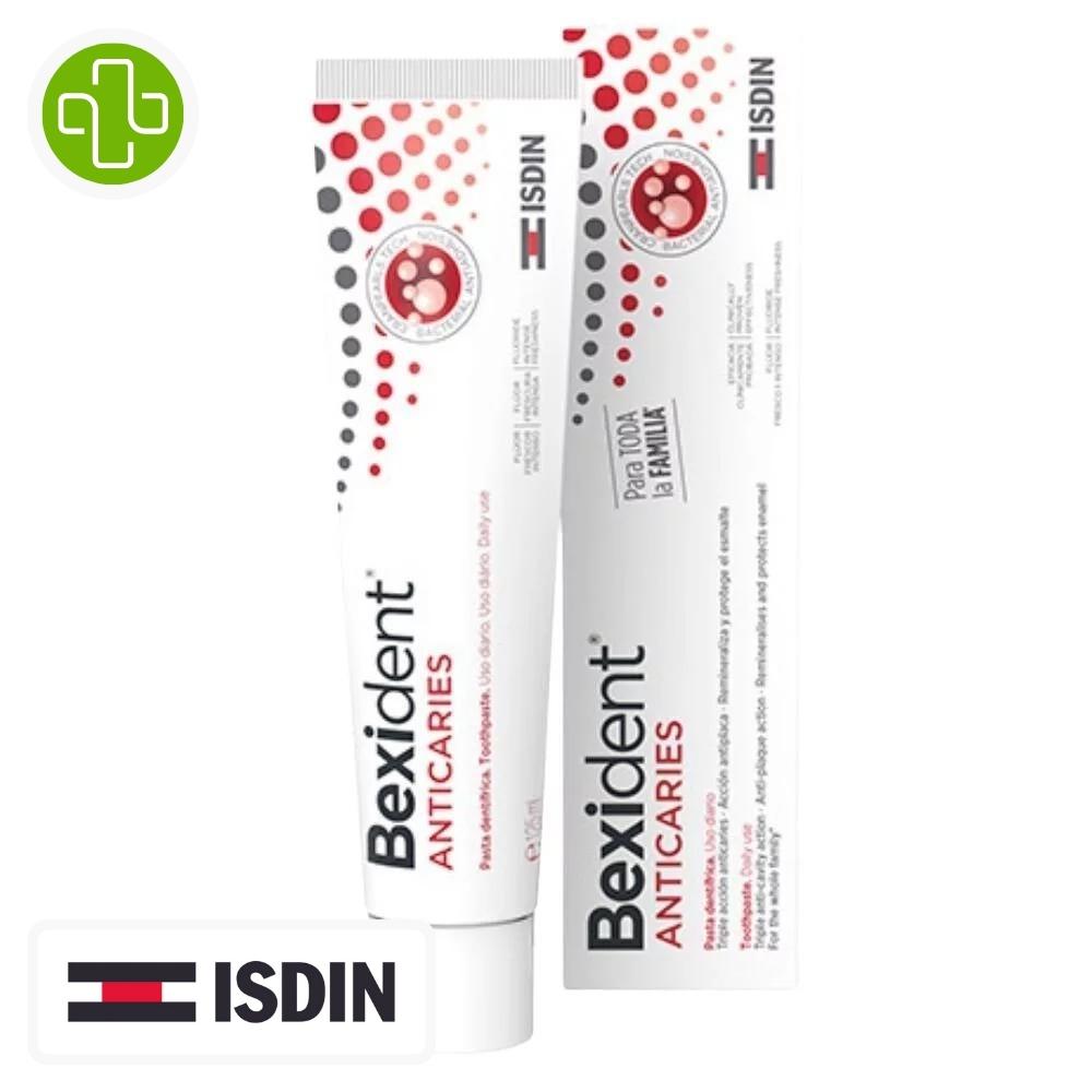Produit de la marque isdin bexident dentifrice anti-caries - 125ml sur un fond blanc avec un logo parachezvous et celui de la marque isdin