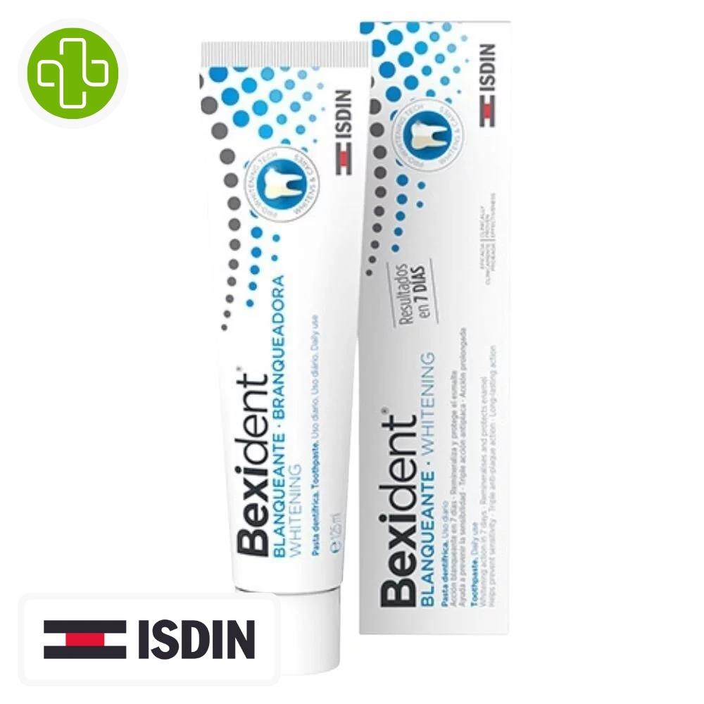Produit de la marque isdin bexident dentifrice blancheur - 125ml sur un fond blanc avec un logo parachezvous et celui de la marque isdin