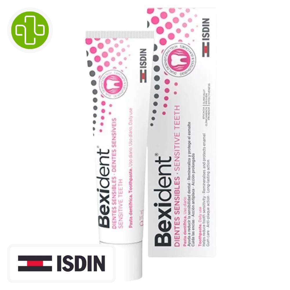 Produit de la marque isdin bexident dentifrice dents sensibles - 75ml sur un fond blanc avec un logo parachezvous et celui de la marque isdin