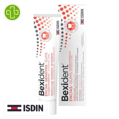 Produit de la marque Isdin Bexident Dentifrice Gel Gencives Sensibles 0,12% - 75ml sur un fond blanc avec un logo Parachezvous et celui de la marque ISDIN