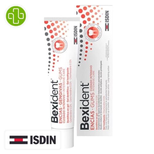 Produit de la marque Isdin Bexident Dentifrice Gel Gencives Sensibles 0,2% - 50ml sur un fond blanc avec un logo Parachezvous et celui de la marque ISDIN