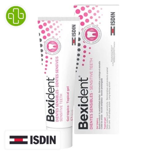 Produit de la marque Isdin Bexident Gel Topique Dents Sensibles - 50ml sur un fond blanc avec un logo Parachezvous et celui de la marque ISDIN