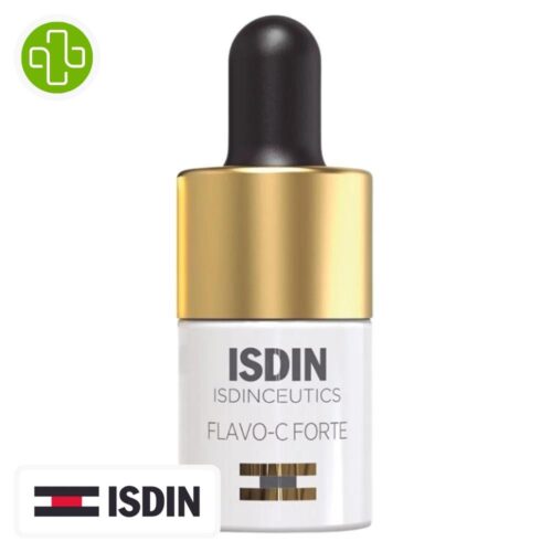 Produit de la marque Isdin Isdinceutics Flavo-C Forte Anti-Âge - 1 Sérum sur un fond blanc avec un logo Parachezvous et celui de la marque ISDIN