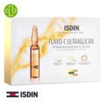 Produit de la marque Isdin Isdinceutics Flavo-C Ultraglican Sérum Anti-Oxydant de Jour - 10 Ampoules sur un fond blanc avec un logo Parachezvous et celui de la marque ISDIN