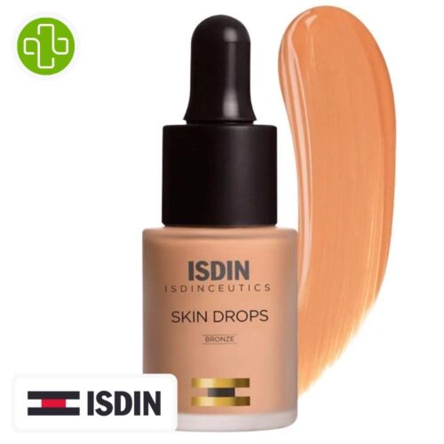 Produit de la marque Isdin Isdinceutics Skin Drops Bronz Fond de Teint Spf15 - 15ml sur un fond blanc avec un logo Parachezvous et celui de la marque ISDIN