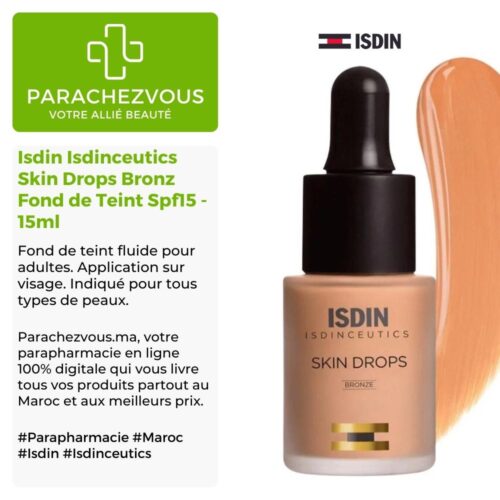 Produit de la marque Isdin Isdinceutics Skin Drops Bronz Fond de Teint Spf15 - 15ml sur un fond blanc, vert et gris avec un logo Parachezvous et celui de la marque ISDIN ainsi qu'une description qui détail les informations du produit