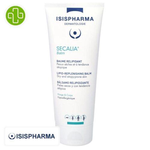 Produit de la marque Isispharma Secalia Balm Baume Hydratant Relipidant - 200ml sur un fond blanc avec un logo Parachezvous et celui de de la marque Isispharma