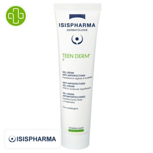 Produit de la marque Isispharma Teen Derm K Gel-Crème Anti-Imperfections – 30ml sur un fond blanc avec un logo Parachezvous et celui de de la marque Isispharma