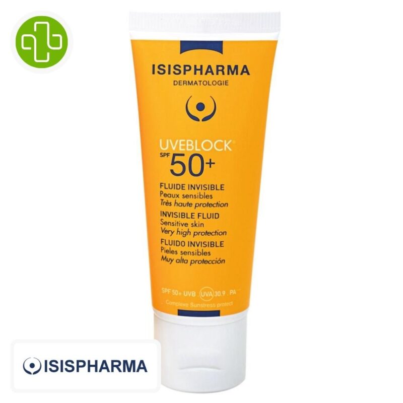 Produit de la marque isispharma uveblock fluide solaire teinté spf50 – 40ml sur un fond blanc avec un logo parachezvous et celui de de la marque isispharma