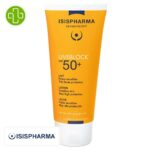 Produit de la marque Isispharma UVEBlock Lait Solaire Invisible Spf50 – 100ml sur un fond blanc avec un logo Parachezvous et celui de de la marque Isispharma