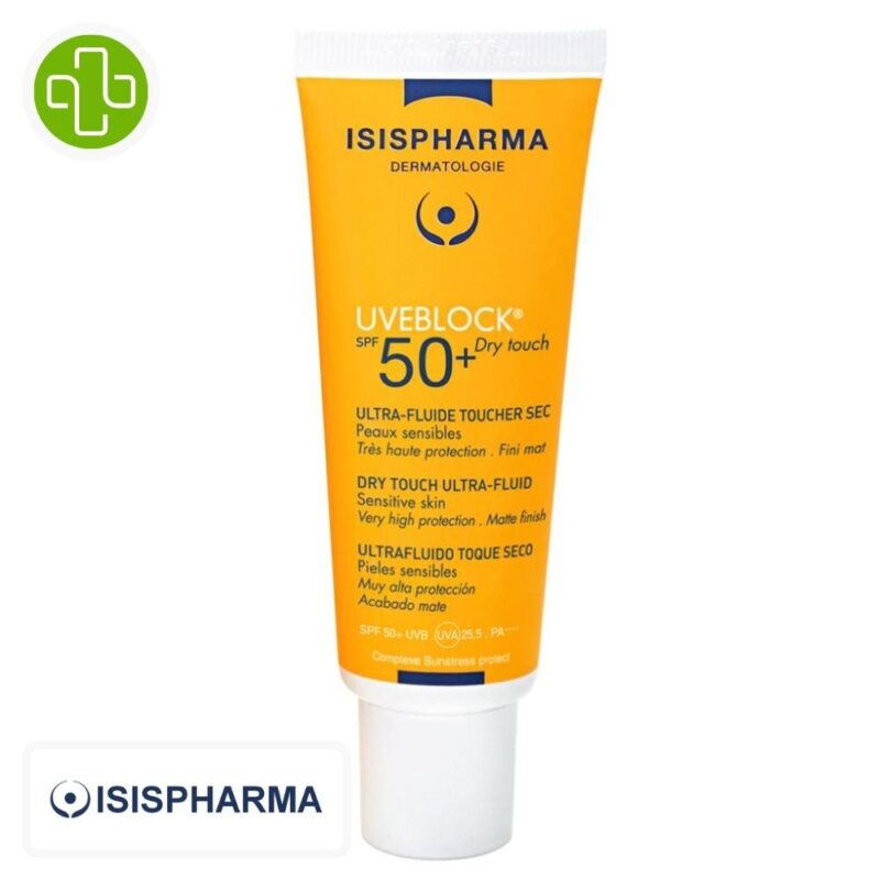 Produit de la marque isispharma uveblock ultra-fluide solaire teinté claire toucher sec spf50 – 40ml sur un fond blanc avec un logo parachezvous et celui de de la marque isispharma