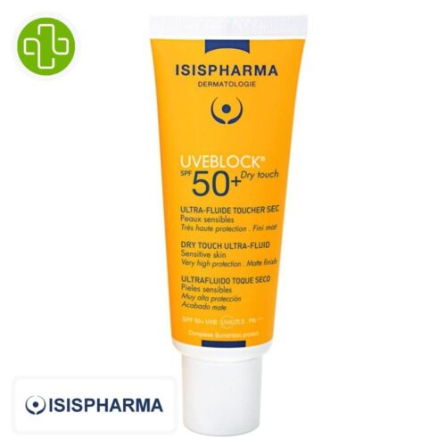 Produit de la marque Isispharma UVEBlock Ultra-Fluide Solaire Invisible Toucher Sec Spf50 – 40ml sur un fond blanc avec un logo Parachezvous et celui de de la marque Isispharma