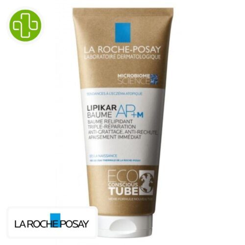 Produit de la marque La Roche-Posay Lipikar Baume Ap+M Anti-Grattage Apaisant Eco-Responsable – 200ml sur un fond blanc avec un logo Parachezvous et celui de de la marque La Roche-Posay
