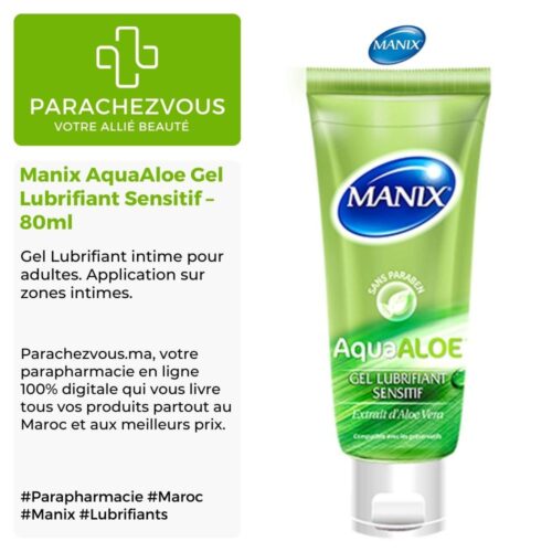 Produit de la marque Manix AquaAloe Gel Lubrifiant Sensitif - 80ml sur un fond blanc, vert et gris avec un logo Parachezvous et celui de la marque Manix ainsi qu'une description qui détail les informations du produit