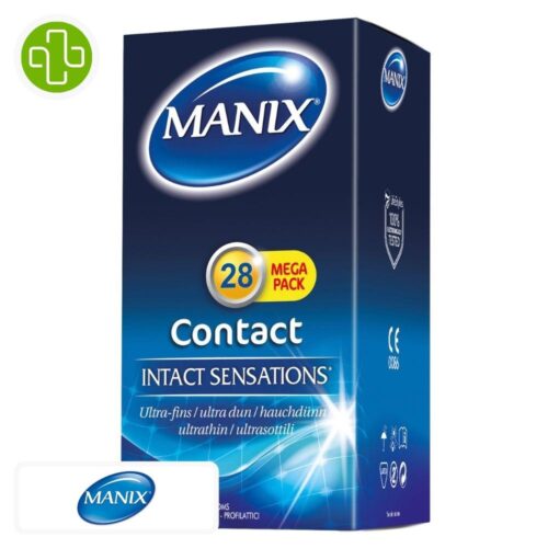 Produit de la marque Manix Contact Préservatifs Sensations Intactes - 28 unités sur un fond blanc avec un logo Parachezvous et celui de de la marque Manix