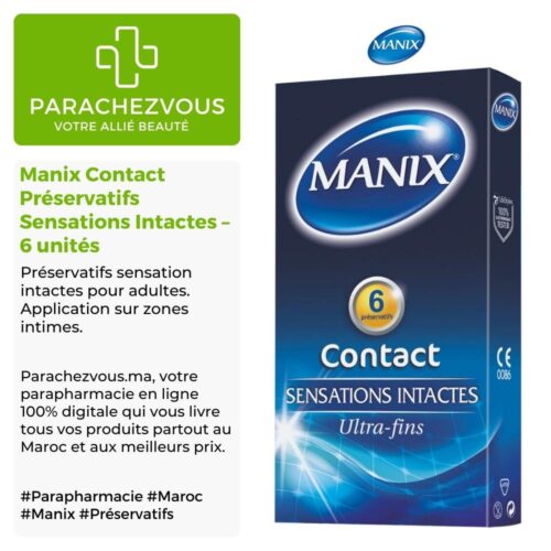 Produit de la marque Manix Contact Préservatifs Sensations Intactes - 6 unités sur un fond blanc, vert et gris avec un logo Parachezvous et celui de la marque Manix ainsi qu'une description qui détail les informations du produit