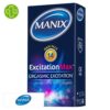 Produit de la marque Manix ExcitationMax Préservatifs Excitation Orgasmique - 14 unités sur un fond blanc avec un logo Parachezvous et celui de de la marque Manix