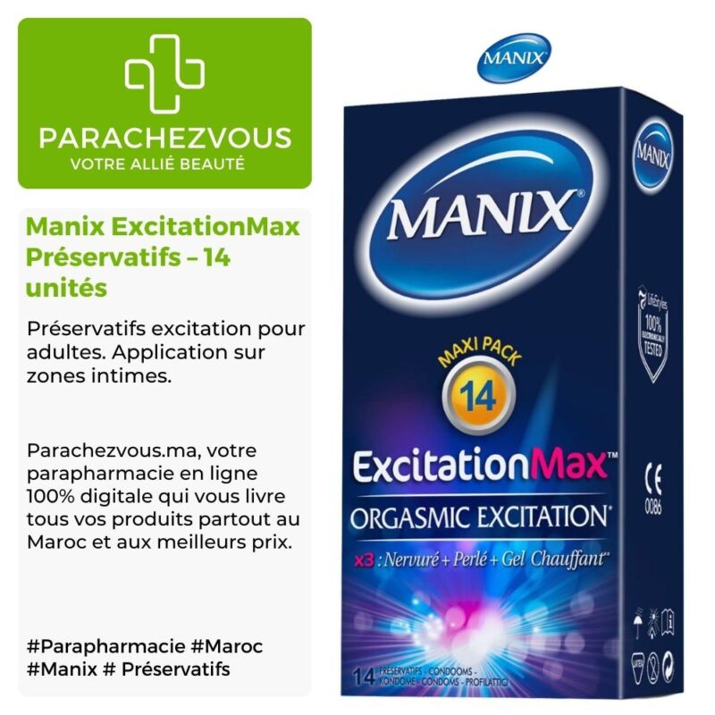 Produit de la marque Manix ExcitationMax Préservatifs Excitation Orgasmique - 14 unités sur un fond blanc, vert et gris avec un logo Parachezvous et celui de la marque Manix ainsi qu'une description qui détail les informations du produit