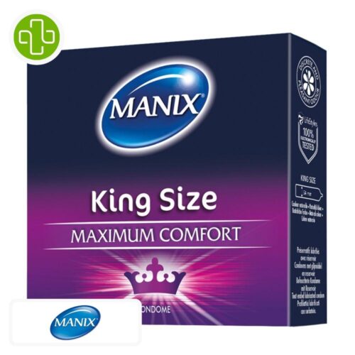 Produit de la marque Manix King Size Max Préservatifs Confort Maximum - 3 unités sur un fond blanc avec un logo Parachezvous et celui de de la marque Manix