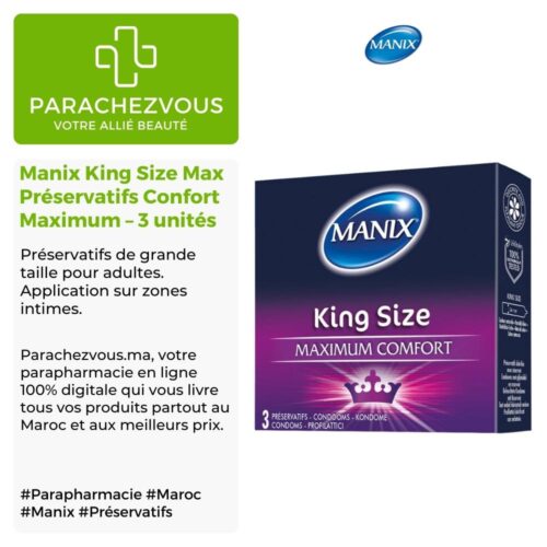 Produit de la marque Manix King Size Max Préservatifs Confort Maximum - 3 unités sur un fond blanc, vert et gris avec un logo Parachezvous et celui de la marque Manix ainsi qu'une description qui détail les informations du produit