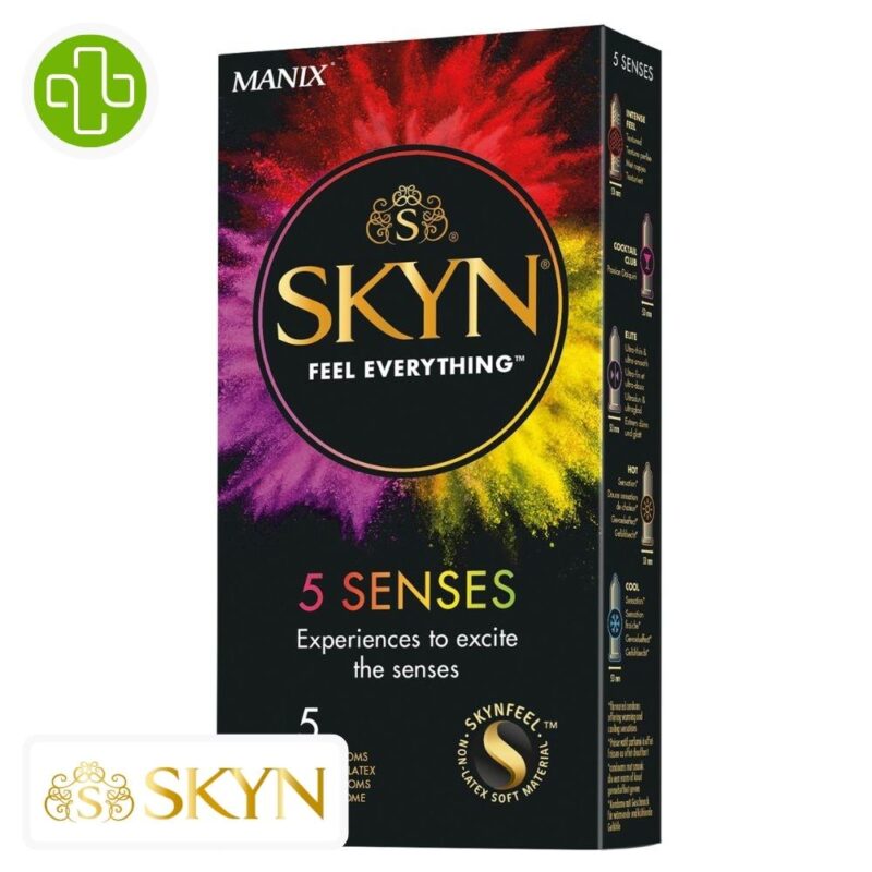 Produit de la marque manix skyn 5 senses préservatifs ultimes - 5 unités sur un fond blanc avec un logo parachezvous et celui de de la marque skyn