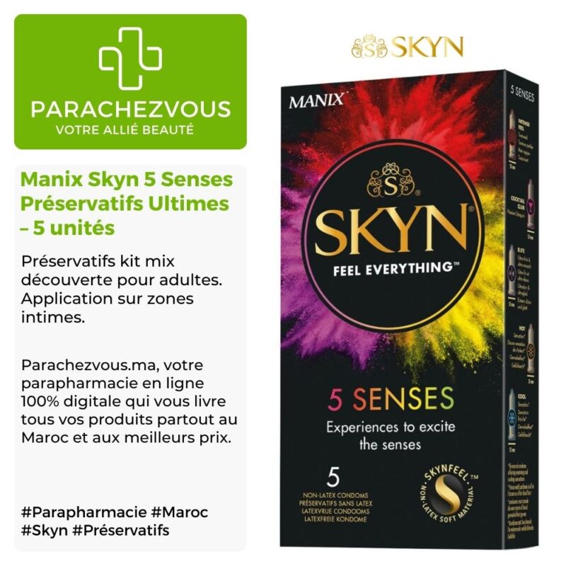 Produit de la marque manix skyn 5 senses préservatifs ultimes - 5 unités sur un fond blanc, vert et gris avec un logo parachezvous et celui de la marque skyn ainsi qu'une description qui détail les informations du produit