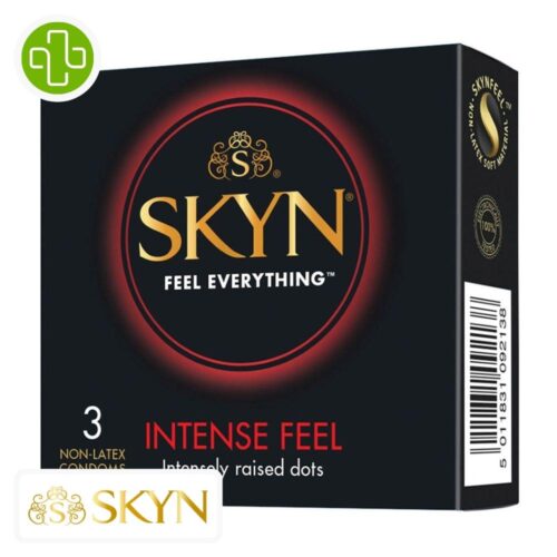 Produit de la marque Manix Skyn Intense Feel Préservatifs Perlés - 3 unités sur un fond blanc avec un logo Parachezvous et celui de de la marque Skyn