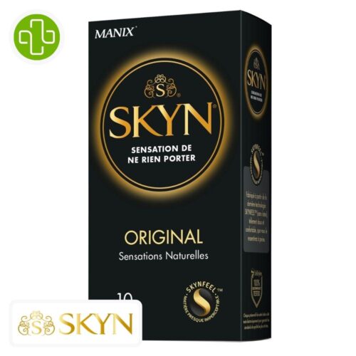 Produit de la marque Manix Skyn Original Préservatifs Sensations Naturelles - 10 unités sur un fond blanc avec un logo Parachezvous et celui de de la marque Skyn