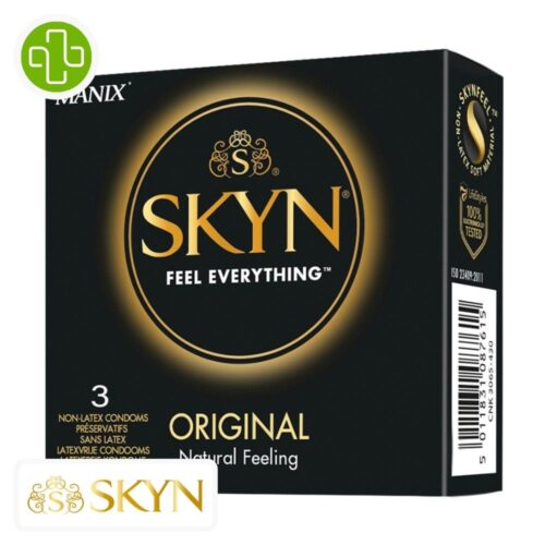 Produit de la marque Manix Skyn Original Préservatifs Sensations Naturelles - 3 unités sur un fond blanc avec un logo Parachezvous et celui de de la marque Skyn