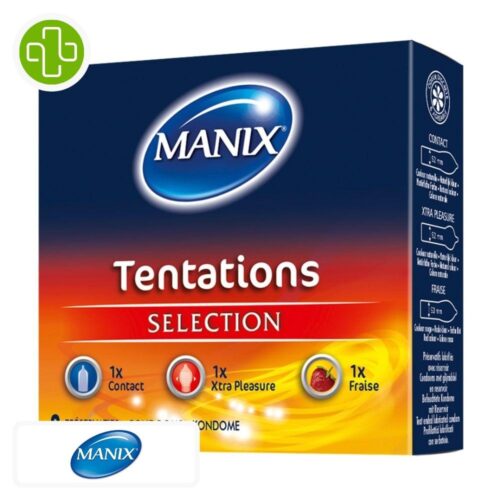 Produit de la marque Manix Tentations Préservatifs Sélection 1 Contact + 1 Xtra Pleasure + 1 Fraise - 3 unités sur un fond blanc avec un logo Parachezvous et celui de de la marque Manix