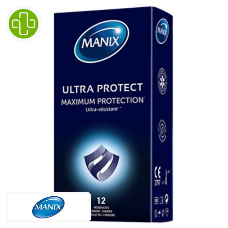 Produit de la marque Manix Ultra Protect Préservatifs Maximum Protection Ultra-Résistants - 12 unités sur un fond blanc avec un logo Parachezvous et celui de de la marque Manix