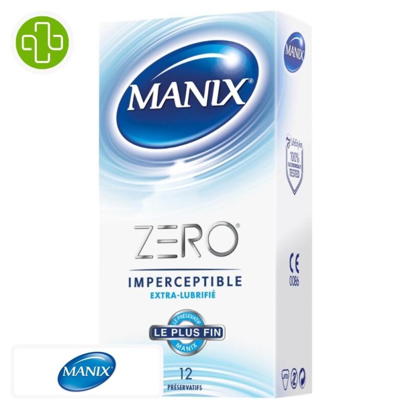 Produit de la marque Manix Zero Préservatifs Extra-Lubrifiés Imperceptible le Plus Fin - 12 unités sur un fond blanc avec un logo Parachezvous et celui de de la marque Manix