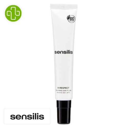Produit de la marque Sensilis B-Respect AR Fluide Calmant de Jour - 50ml sur un fond blanc avec un logo Parachezvous et celui de de la marque Sensilis